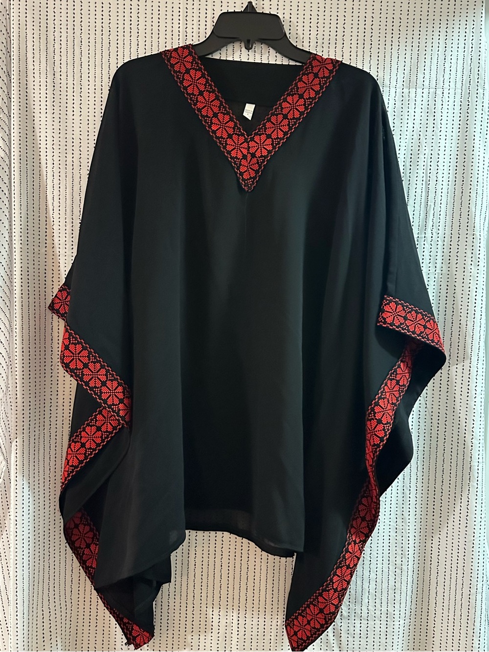 Black Top with Red Geometric Embroidered V-Neck